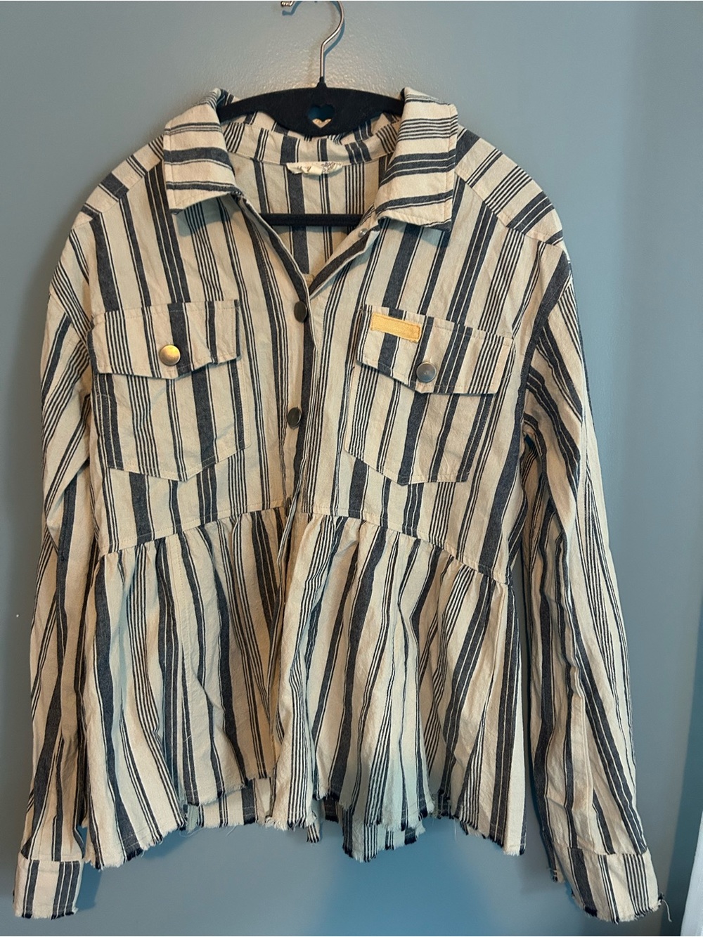 Mystree Blue and Cream striped Button-Down Peplum Shirt with cute detailing